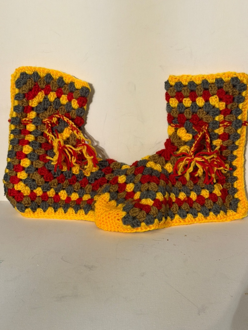 Handmade Crochet Slide Slippers in Yellow, Red & Gray